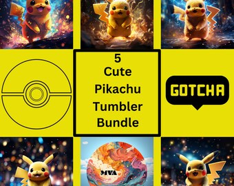 May include: A yellow image with the text "5 Cute Pikachu Tumbler Bundle" and several images of Pikachu. One image shows a Poke Ball design. Another image has the word "GOTCHA" in a speech bubble.