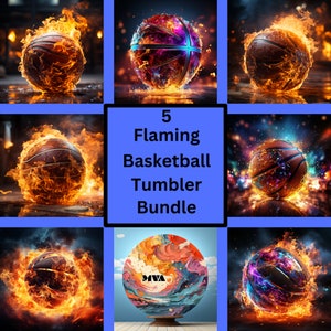 May include: A collection of basketball tumbler designs, each engulfed in flames. The image features a central panel with the text "5 Flaming Basketball Tumbler Bundle". The tumblers showcase vibrant colors and dynamic fire effects.