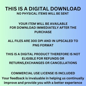 May include: Image with text on a gradient blue and green background. Text states: "THIS IS A DIGITAL DOWNLOAD", "NO PHYSICAL ITEMS WILL BE SENT", "YOUR ITEM WILL BE AVAILABLE FOR DOWNLOAD IMMEDIATELY AFTER THE PURCHASE".