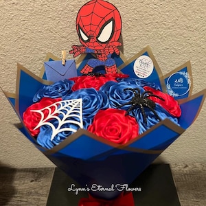 Spiderman bouquet, eternal flower bouquet, forever roses, roses, flowers, forever flowers, satin ribbon, ever lasting flower bouquet, quince