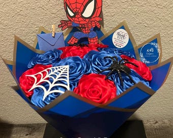 Spiderman bouquet, eternal flower bouquet, forever roses, roses, flowers, forever flowers, satin ribbon, ever lasting flower bouquet, quince
