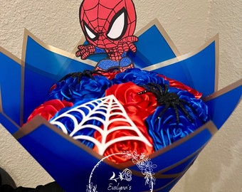 Spiderman 12 Eternal rose bouquet, eternal flower bouquet, forever roses, roses, flowers, forever flowers, satin ribbon.