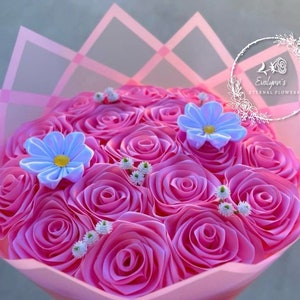 Ribbon rose bouquet with 2 daisies and baby breaths, eternal flowers, forever flowers, ever lasting flower bouquet, quince, engagement
