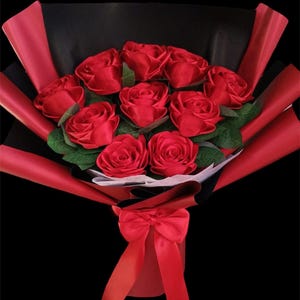 Red Satin Ribbon Rose Flat Bouquet