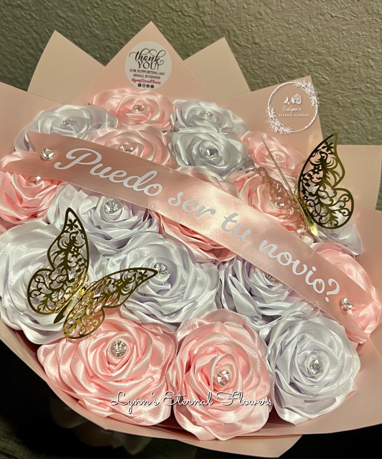 Satin ribbon bouquet, forever flower bouquet, eternal roses, roses, flowers, satin ribbon, ever lasting flower bouquet, quince, engagement