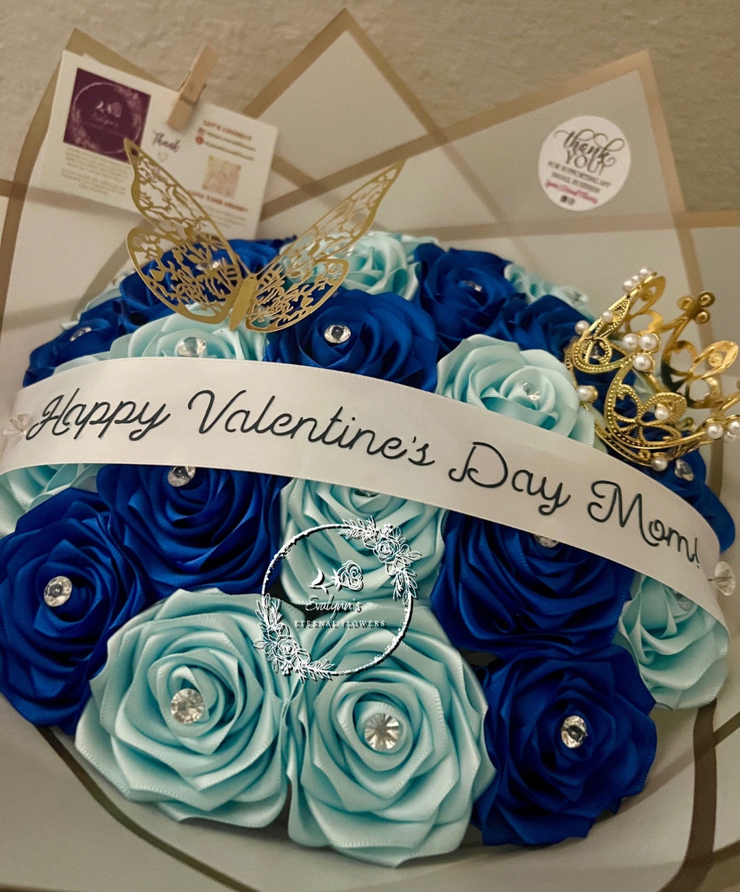 24 W/ribbon Message & Crown eternal Rose Bouquet, Eternal Bouquet