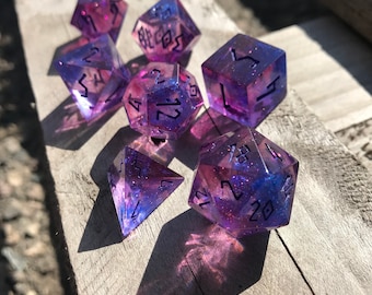 Dice Set | Purple Universe | DnD Handmade Resin Sharp Edge Dices With Pouch by Fantasy Minis