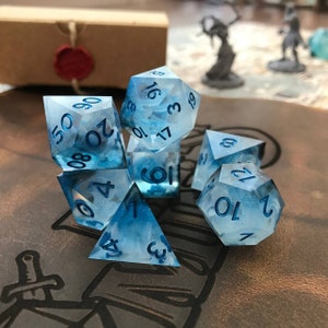 Dice Set | Winter Morning | DnD Handmade Resin Sharp Edge Dices With Pouch by Fantasy Minis