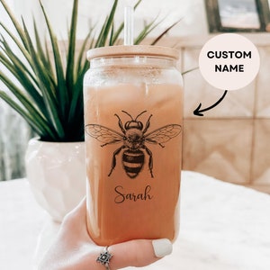 Personalized Bee Glass Ice Coffee Tea Cup, Custom Name Honey Bee Lover Gift For Beekeeper Tumbler, Honeybee Mug Birthday Gifts Mom Grandma