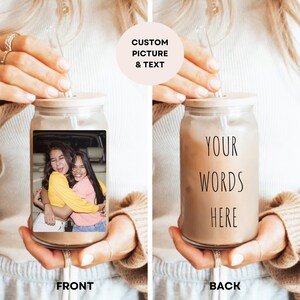 Custom Photo And Text Ice Coffee Glass Cup 16oz, Personalized Family Picture Tumbler With Lid And Straw Anniversary Gift For Friends Couple