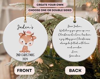 Personalized Double Sided 2ND Christmas Ornament Boy, Custom Text Second Xmas Deer Keepsake, Babys Name Present 1st,3rd,4th Gift For Parents
