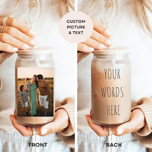 Custom Photo And Text Ice Coffee Glass Cup 16oz, Personalized Family Picture Tumbler With Lid And Straw Anniversary Gift For Couple Parents