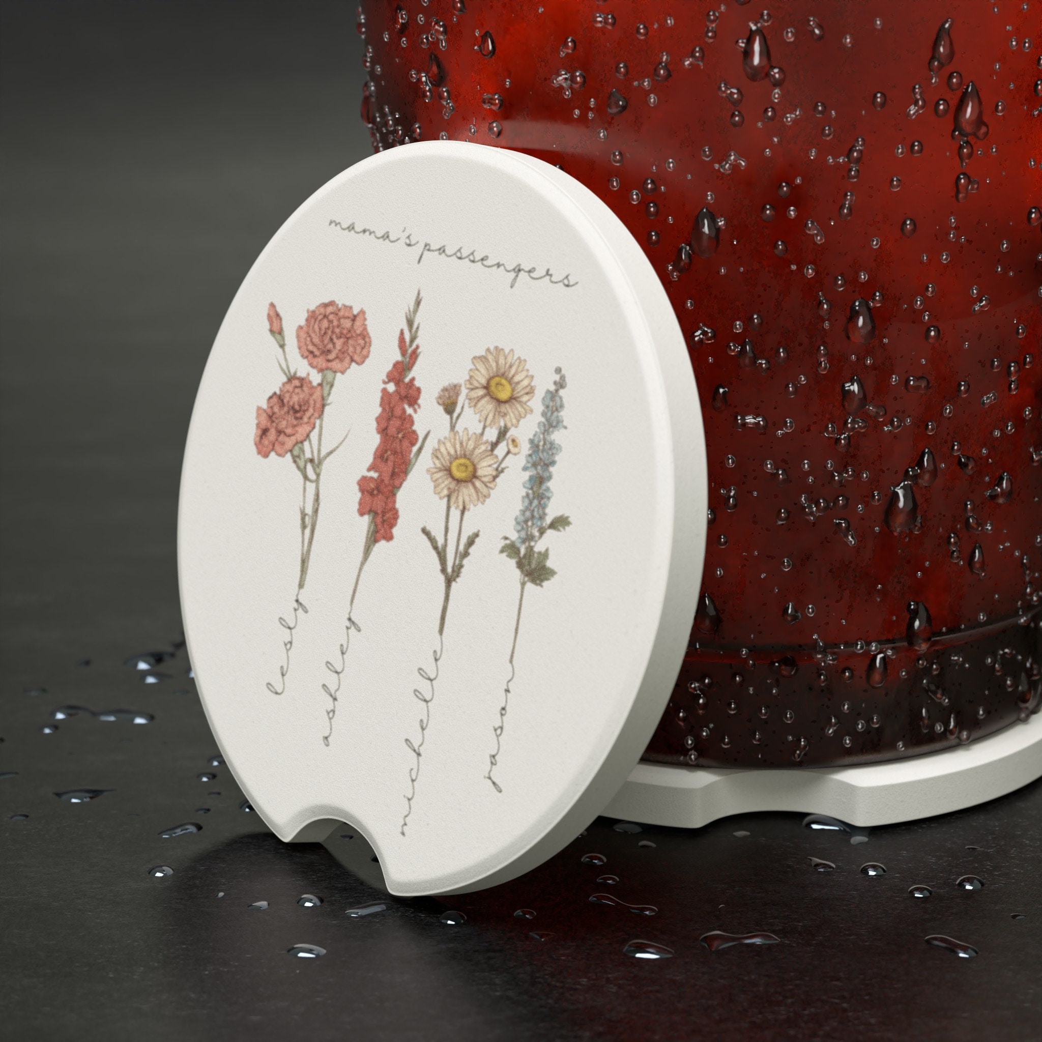 Personalized Birth Flower Soapstone Car Coaster for Cup Holder, Custom Kid Names Coasters, Mother's Day Gift, Gift for Her