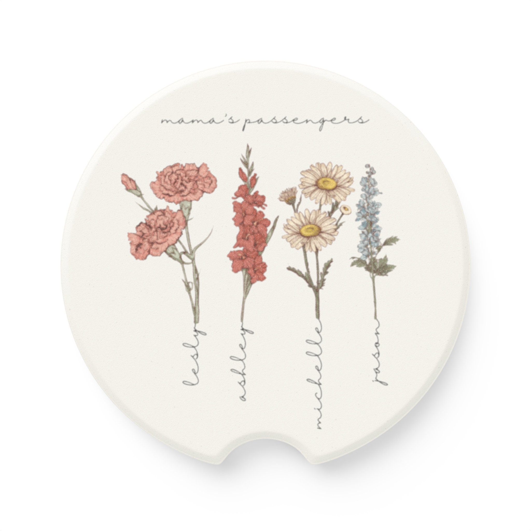 Personalized Birth Flower Soapstone Car Coaster for Cup Holder, Custom Kid Names Coasters, Mother's Day Gift, Gift for Her