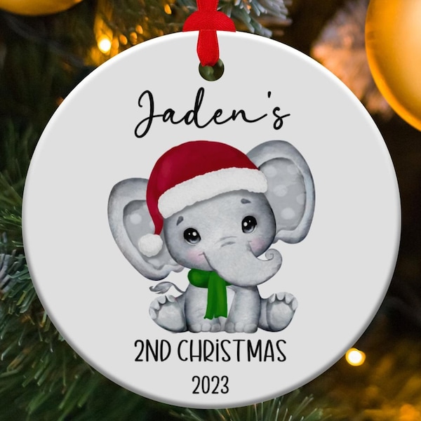 Personalized 2ND Christmas Ornament Boy, Custom Child My Second Xmas Elephant Ornament, Babys Name Present 1st,3rd,4th Gift For Parents