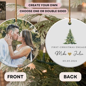 Personalized Watercolor Photo Our First Christmas Engaged Ornament, Custom Name Date Double Sided Keepsake Gift For Newly Engaged Couple