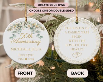 50th Anniversary Ornament, Personalized Golden Custom Name Years Mr Mrs Wedding Gift For Couple And Parents, Double Sided Keepsake Present