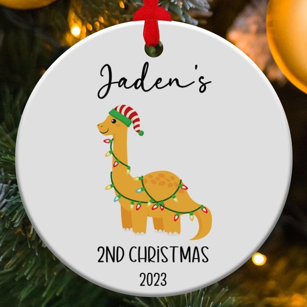 Personalized 2ND Christmas Ornament Boy, Custom Child My Second Xmas T-Rex Dinosaur Ornament, Babys Name Present 1st,3rd Gift For Parents