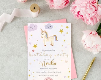 Unicorn birthday party invitations, Girls birthday party invites, Editable birthday invitations, Printable birthday invitations, DIY invites