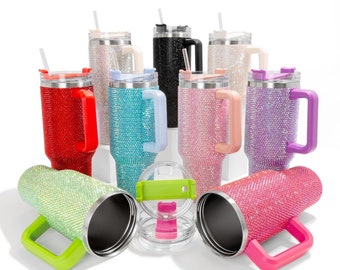 Stainless Steel Rhinestone Tumbler With Straw And Handle - Temu