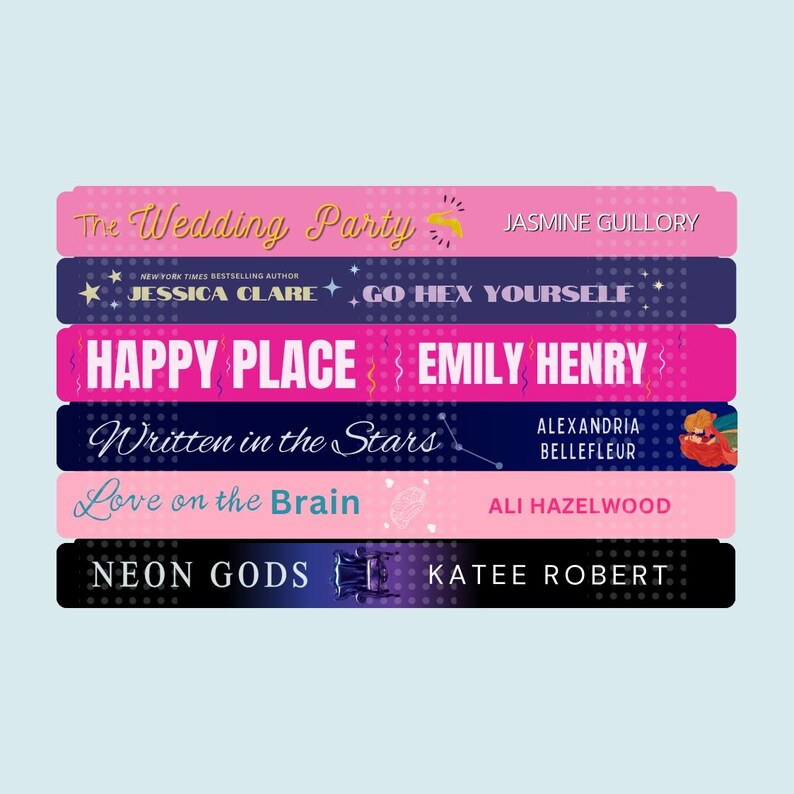 Peut inclure: Une pile de six livres broch&eacute;s avec des couvertures color&eacute;es et des titres. Les titres sont "The Wedding Party" de Jasmine Guillory, "Go Hex Yourself" de Jessica Clare, "Happy Place" de Emily Henry, "Written in the Stars" de Alexandria Bellefleur, "Love on the Brain" de Ali Hazelwood et "Neon Gods" de Katee Robert.