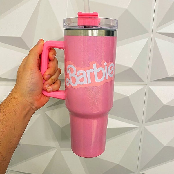 Customized 40 oz  tumbler inspired by blonde doll 80s style barb pink shimmer tumbler dupe