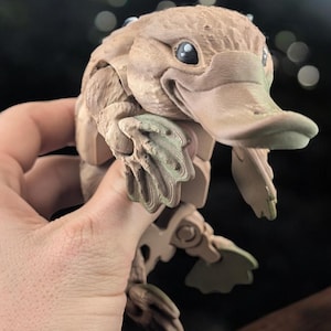 May include: A 3D printed model of a platypus, a unique Australian mammal, with a brown and beige colour scheme. The model is posed with its head tilted up and its mouth slightly open, giving it a playful expression. The model is detailed with textured skin and realistic features, including webbed feet and a duck-like bill.