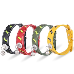 Bone Shape Bell Reflective Dog Collar - PU Leather