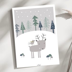 Póster de pared ilustrado para decorar la habitación de tu hijo o bebé, El reno y el pájaro