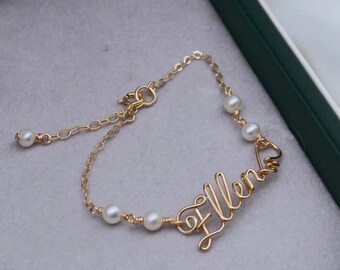 Handmade 14K Gold and Real Pearls Name Personalised Bracelet/ Custom Bracelets/Wedding Gift/ Personalised Jewellery/ Birthday Gift