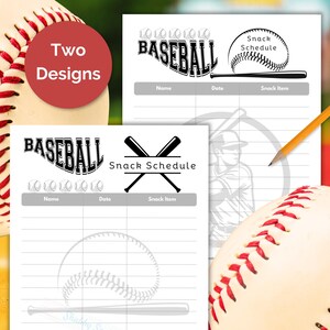 Peut inclure: Deux modèles d'horaires de collations imprimables sur le thème du baseball. Le premier modèle présente une balle de baseball avec le mot "BASEBALL" en caractères gras. Le deuxième modèle présente deux battes de baseball croisées avec les mots "Snack Schedule". Les deux modèles ont un espace vide pour un nom, une date et un article de collation.