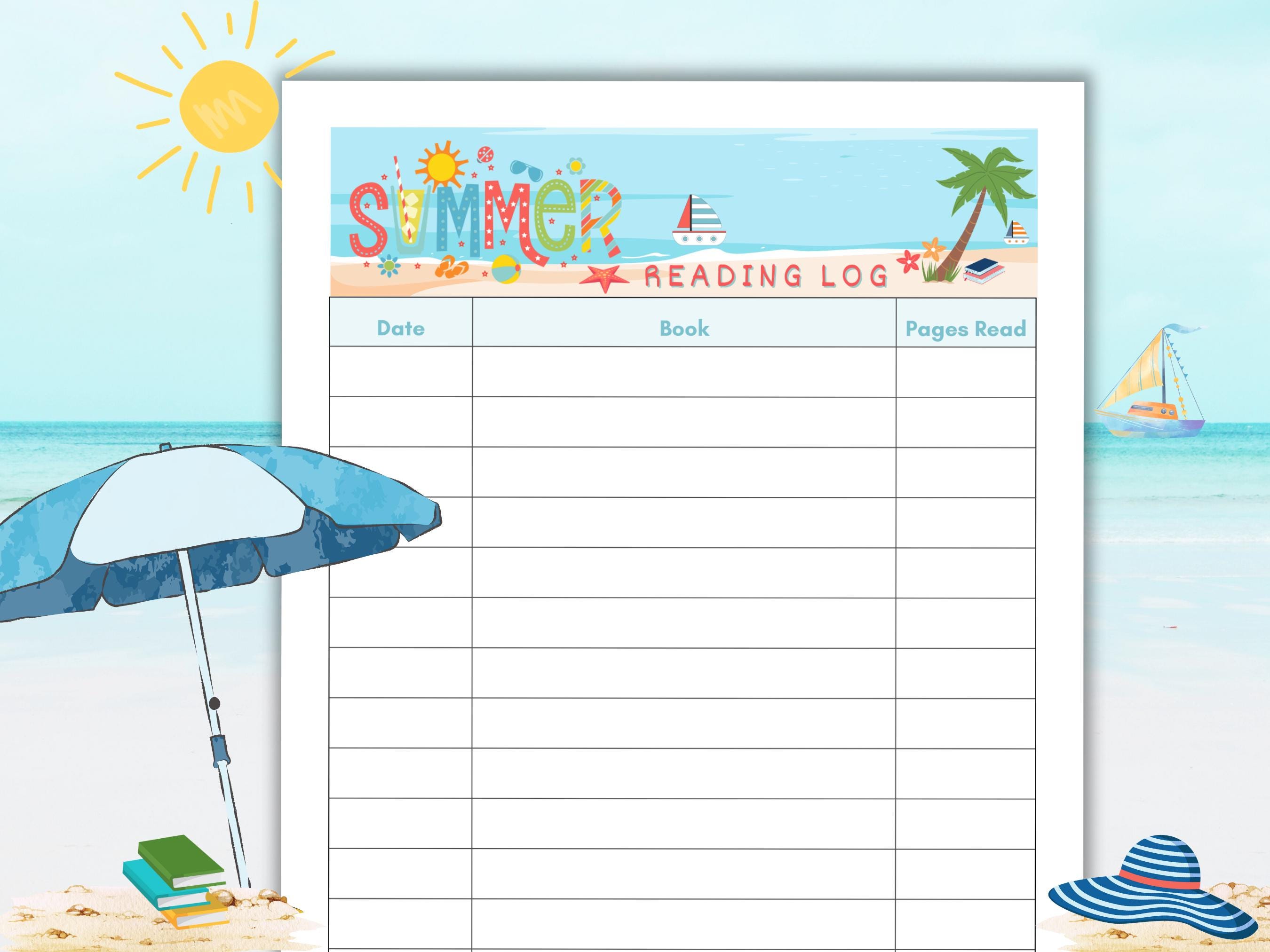 Beach Theme Summer Reading Log: Printable Tracker Sheet (US Letter ...