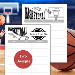 Peut inclure: Deux feuilles imprimables de liste d'inscription pour les collations sur le thème du basket-ball. La première feuille représente un ballon de basket avec le texte "Snack Schedule" et un panier de basket. La deuxième feuille représente un ballon de basket avec le texte "Snack Sign Up". Les deux feuilles comportent des lignes pour les noms, les dates et les articles de collation.