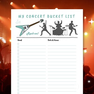 Lista de deseos imprimible para conciertos: ¡Planifica y registra tus experiencias musicales en vivo con esta lista de deseos para conciertos! Tamaño carta (EE. UU.), descarga instantánea.