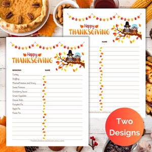 May include: Two Thanksgiving-themed list designs. The top of each page reads "Happy Thanksgiving" with a decorative leaf garland and owl illustrations. One design includes a list of Thanksgiving dishes.