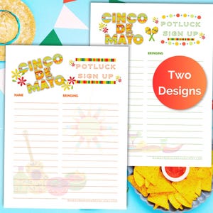 Puede incluir: Dos hojas imprimibles para registrarse en un potluck del Cinco de Mayo. Las hojas tienen un diseño colorido con el texto "Cinco de Mayo" y "Potluck Sign Up".