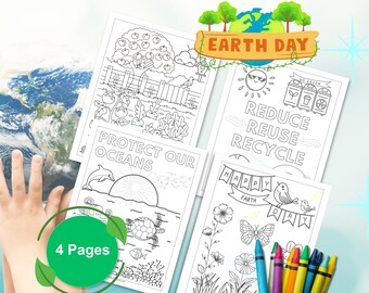 May include: Four black and white colouring pages with an Earth Day theme. The pages feature illustrations of a tree, a globe, a turtle, a bird, and a recycling bin. The text on the pages includes "Earth Day", "Protect Our Oceans", "Reduce Reuse Recycle", and "Happy Earth Day".