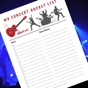 Konzert Bucket List zum Ausdrucken - Planen und verfolgen Sie Ihre Live-Musik-Erlebnisse mit dieser Konzert-Wunschliste! US Letter Größe, zum sofortigen Download