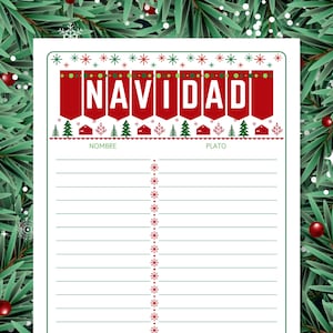 Può includere: Un taccuino bianco a tema natalizio con la parola "NAVIDAD" in lettere a banner rosse. Il taccuino ha delle righe per scrivere ed è decorato con alberi di Natale, case e fiocchi di neve. Lo sfondo presenta rami di pino verdi e bacche rosse.