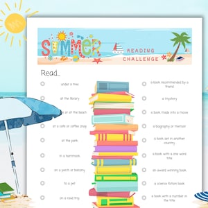 Desafío de lectura de verano: Hoja imprimible de aventuras de lectura con temática playera, divertida para todas las edades, tamaño carta (EE. UU.), descarga instantánea