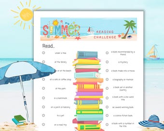 May include: A Summer Reading Challenge printable with a beach theme. The colorful design includes a sun, palm tree, and sailboat. The text reads "Summer Reading Challenge" and lists reading prompts like "under a tree" and "a mystery."