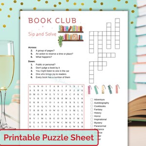 Può includere: Un cruciverba stampabile con il titolo "Book Club: Sip and Solve". Il cruciverba presenta una libreria con libri e un bicchiere di champagne. Gli indizi del cruciverba sono legati ai libri e alla lettura. Il cruciverba è progettato per i club di lettura e presenta un elenco di generi di libri.