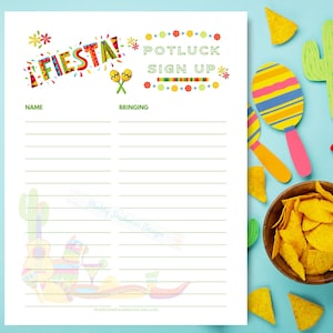 Puede incluir: Una hoja de inscripción imprimible para un potluck de Fiesta. La hoja de inscripción tiene una pancarta colorida "¡Fiesta!" en la parte superior y un espacio para los nombres y lo que van a traer. El fondo es blanco con líneas verdes.