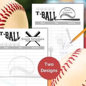 Peut inclure: Deux modèles imprimables de planning de collation pour le T-ball. Le premier modèle présente un ballon de baseball avec le texte "T-BALL" et "Snack Schedule". Le deuxième modèle présente un ballon de baseball avec le texte "T-BALL" et un personnage en bâton d'un joueur tenant une batte.