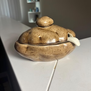 May include: A brown ceramic lidded container with a speckled finish and an irregular, organic shape. The lid features a small knob handle, and a smooth, cream-colored ceramic spoon is tucked into a side opening of the vessel.