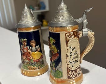 Pair of Small Vintage Reinhold Merkelbach German Steins | RM German Beer Steins | Pewter Hinged Lids | Collectible Barware