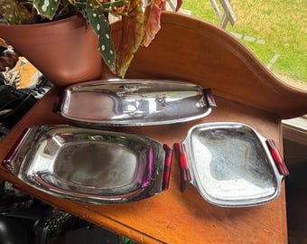Vintage Glo-Hill Chrome Trays: Red Bakelite Feet, Mid-Century Modern