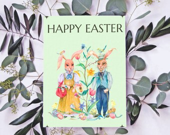 Easter Rabbits Card, Happy Easter Pdf, Digital Download Printable, 5x7 inch Foldable Card, Gift Card for Family, Lover, Friend