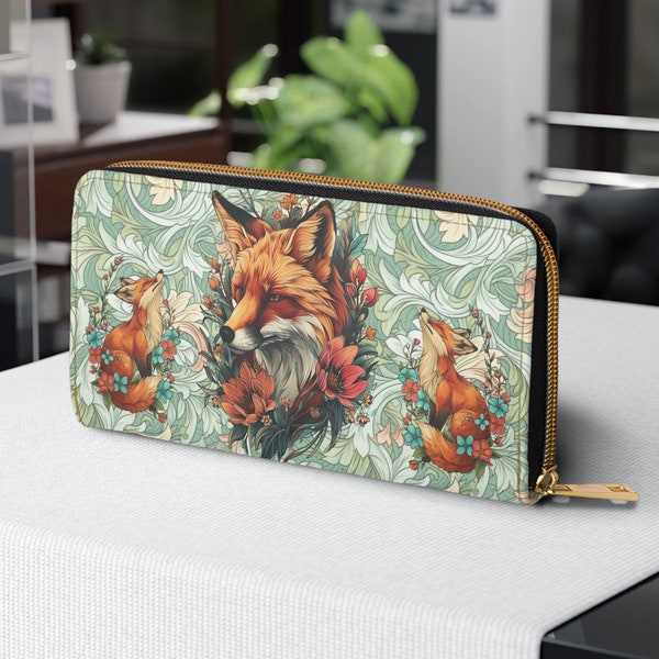 Boho Foxes Wallet, Cottagecore Zipper Purse, Woodland clutch bag, Wildflower pouch, Dark Academia card slots Vintage furry foxy money pouch