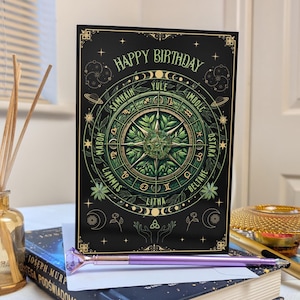 Rad des Jahres Geburtstagskarte, Mondphase, Natur himmlische Grußkarte, Wicca Mädchen witchy Mutter Geburtstagsgeschenk, grüne Waldkunst